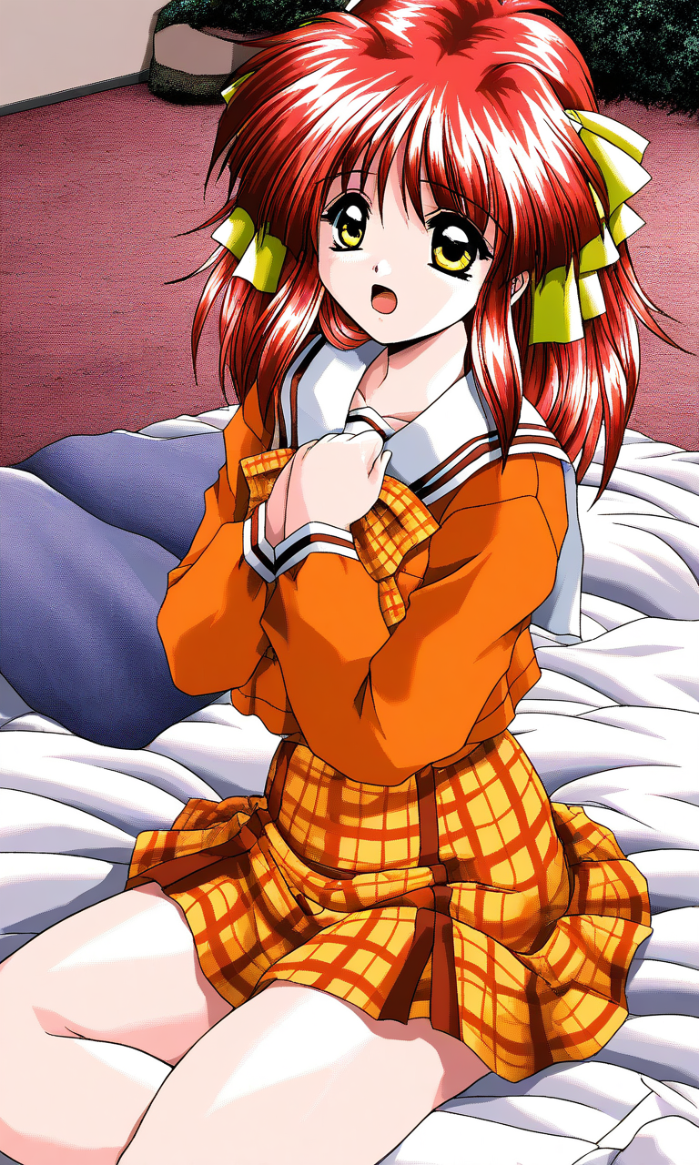 general,highres, ultra-detailed,very aesthetic,best quality ,best hands, BREAK <lora:Kisaragi_Hina_Akumu_AoiKajitsunoSange_IS:1>
Kisaragi_Hina, 1girl, solo, red hair,  medium hair, yellow eyes, hair ribbon, small breasts,
 open mouth, short, plaid skirt, plaid bow, long sleeves, serafuku, 
afraid, orange school uniform, ribbon, 
outdoors,hands on own chest,
bed room, sheet, bed,