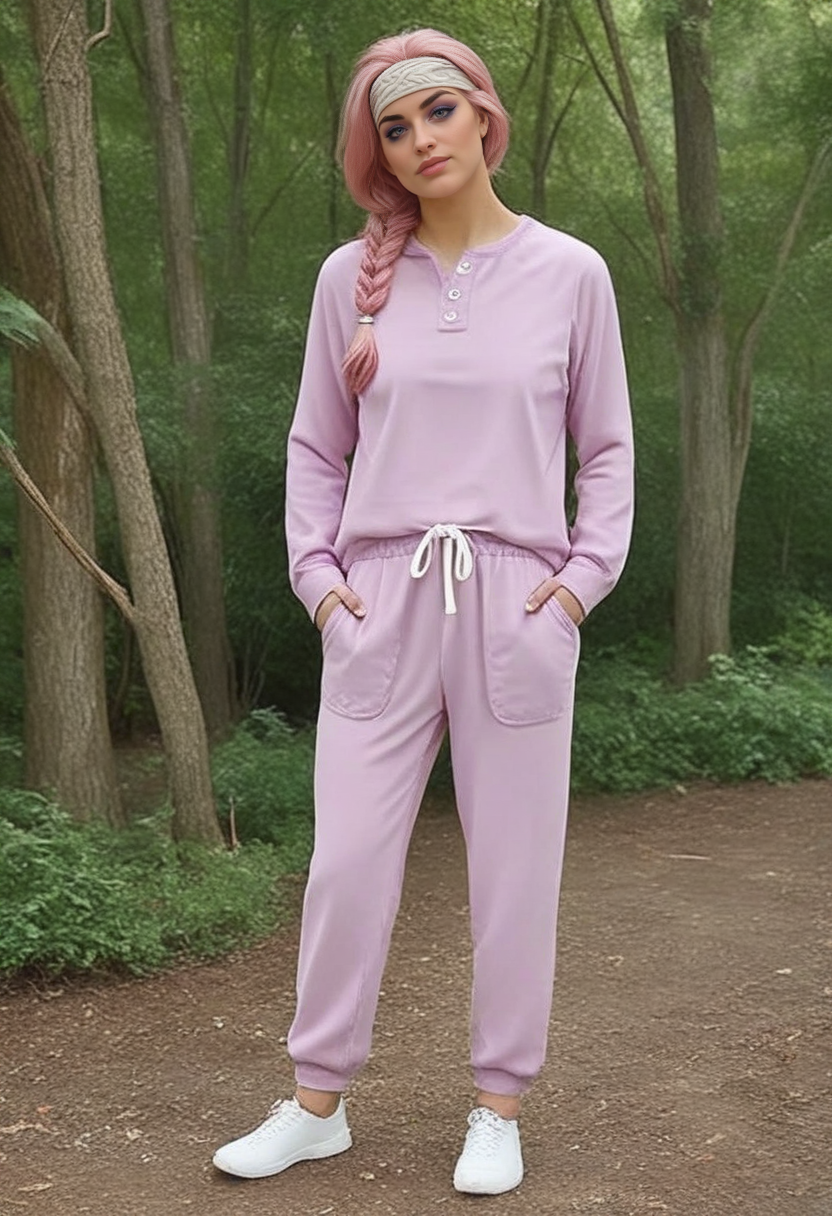 Stable_Yogis_PDXL_Positives 
<lora:train_Sweat_Suit_by_Stable_yogi_bsy_PONY:0.8>
 wearing a 99sweatsuit99 in Lavender color,   pockets, long sleeves, full body,  shoes,
beautiful face, Feathered brows makeup style, Twisted headband braid hairstyle, Rose pink hair_color, forest trail lined with ancient oak trees and hanging vines