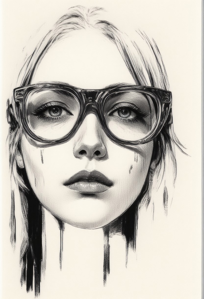 a drawing of a woman with glasses on her face, limited edition print, weeping tears of black oil, , trending on artstaion, {uncertain look}, platinum blond, teenage girl, high detailed perfect faces, [Carne Griffiths],[Conrad Roset],((migrainzxxl)) [Brian Kesinger]