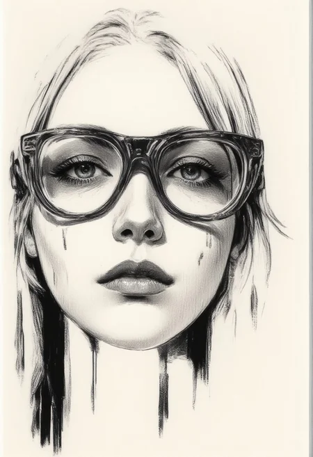 a drawing of a woman with glasses on her face, limited edition print, weeping tears of black oil, , trending on artstaion, {uncertain look}, platinum blond, teenage girl, high detailed perfect faces, [Carne Griffiths],[Conrad Roset],((migrainzxxl)) [Brian Kesinger]