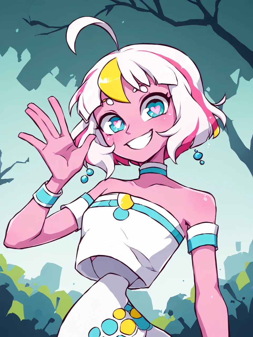 score_9, score_8_up, score_7_up,  score_6_up, BREAK, S4y0, 1girl, solo, heart-shaped pupils, pink skin, short hair, white hair, white dress, smile, upper body, raise left arm, day, outdoor, waving, looking at viewer, Volumetric Lighting,  <lora:Sayu:1>