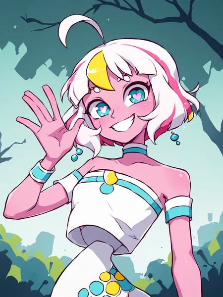 score_9, score_8_up, score_7_up, score_6_up, BREAK, S4y0, 1girl, solo, heart-shaped pupils, pink skin, short hair, white hair, white dress, smile, upper body, raise left arm, day, outdoor, waving, looking at viewer, Volumetric Lighting, <lora:Sayu:1>