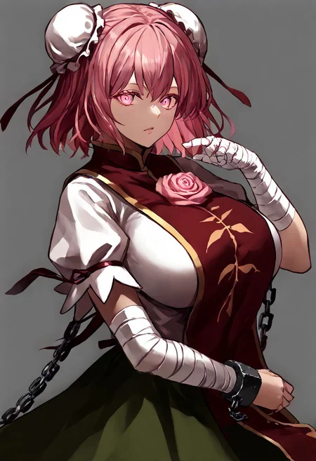 score_9, score_8_up, score_7_up, score_6_up, score_5_up, score_4_up, source_anime, solo, 1girl,
thkasen, jewelry_pink_eyes, glossy_eyes, pink_short_hair, two_white_chignons_on_the_head, red_tabard, pink_rose, green_skirt, short_hair, huge_breasts, pink_eyes, pink_hair, cuffs, tabard, shackles, double_bun, hair_bun, flower_tabard, bandages_arm, ribbon, short_sleeves, puffy_sleeves, chinese_clothes, chain, shirt,
masterpiece, best quality, very aesthetic, absurdres,