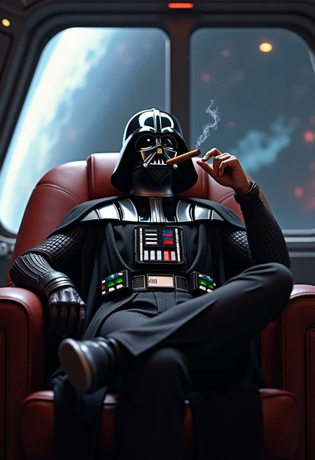 Darth Vader is leaning back in a leather chair smoking a cigar. He’s on the bridge of a space ship with floor to ceiling windows. There’s a large planet and the galaxy in the background. He has a big smile on his face.