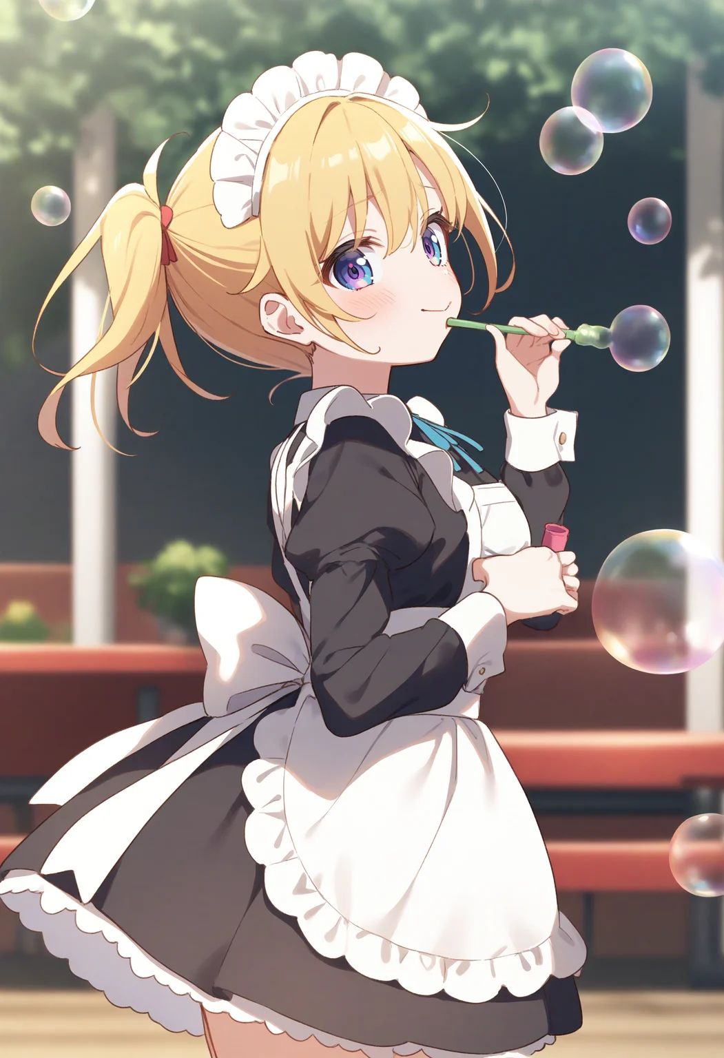 1girl,sincos, ningen mame, toosaka asagi,solo,medium breasts,20yo,maid,maid headdress,
blowing bubbles, bubble, bubble blowing, bubble pipe, outdoors, day, sky,<lora:blowingbubbles_XL_v1:0.7>
from side, cowboy shot, looking to the side, blonde hair, purple eyes,smug, theater, short ponytail hair,
best quality, very aesthetic, absurdres