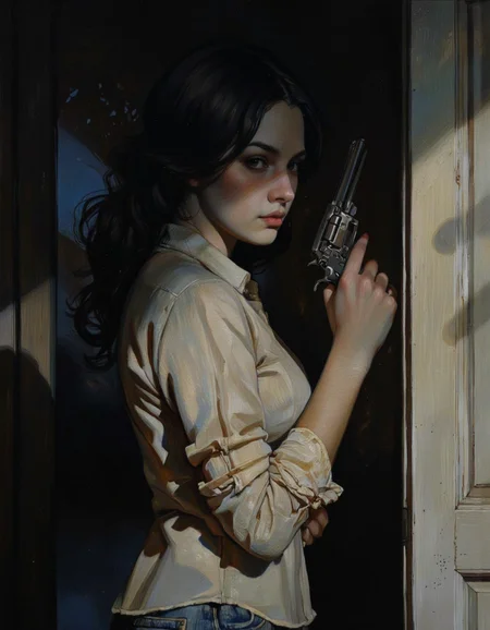 A digitally illustrated drawing in comic book style.
A mysterious woman with dark, wavy hair and piercing eyes stands in the shadows of a dimly lit room. She is holding a small revolver with a delicate yet firm grip. Her red lipstick is the only color that stands out in the darkness, her intentions unclear but dangerous. <lora:Comic_book_opus_IVb:0.25>
