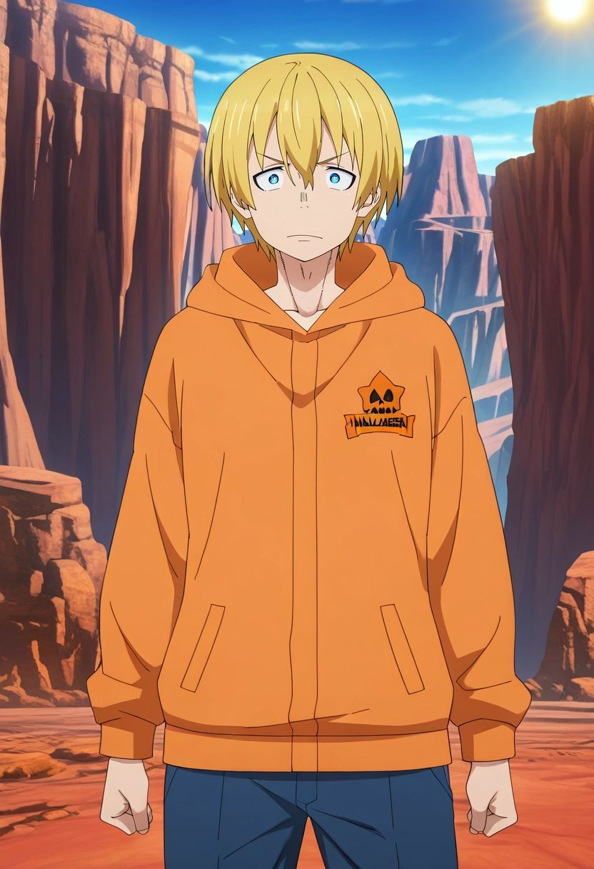 masterpiece, best quality, anime screencap, official style, anime coloring, cowboy shot, 1boy, solo, male focus, <lora:arthur_boyle_ilxl:0.9>, arthur_boyle, blonde hair, blue eyes, short hair, hair between eyes, , , Grand Canyon, Arizona, vast cliffs, colorful rock formations, standing pose, amazed expression, afternoon sun, halloween costume