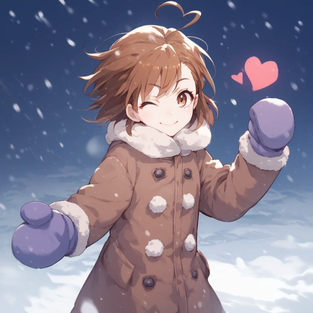 anime coloring, score_9, score_8_up, score_7_up, score_6_up, misaka20001 last-order, toaru, 1girl, solo, ahoge, brown hair, one eye closed, brown eyes, mittens, winter clothes, coat, short hair, heart ahoge, snow