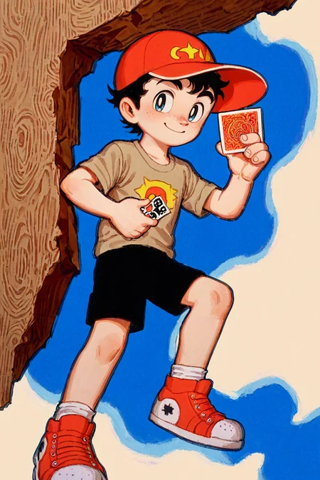 1boy,holding card,red Hat,brown t-shirt,black shorts,solo,smile
 illustration,tezuka osamu, sneakers, looking at viewer, 
<lora:Perfect Hands:1> <lora:age_slider_v4:-2> <lora:osamu:0.8>, score_9, score_8_up, score_7_up, score_6_up, score_5_up, score_4_up,zPDXL