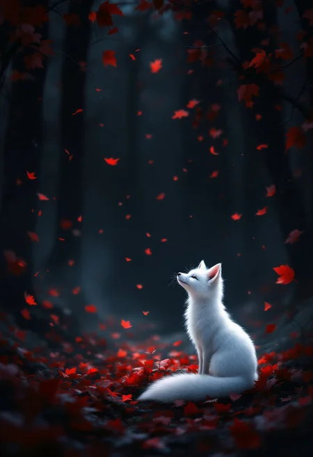 In the realm of fantasy, a small, pure white fox kit sits serenely amidst a storm of falling crimson leaves in a dark, mysterious forest. The ethereal atmosphere is accentuated by the soft and diffused lighting, with deep blacks and vibrant reds dominating the color palette. The scene evokes a sense of melancholic beauty, inspired by the works of Yoshitaka Amano and Artgerm. The smooth fur of the fox contrasts with the slightly blurry, almost ethereal texture of the leaves, while the background showcases a shadowy forest with implied depth. The overall rendering focuses on mood and atmosphere, with an impressionistic touch that prioritizes depth of field and a slight focus on the fox. This captivating illustration, with its cinematic qualities and poster-worthy appeal, transports viewers into a world of enchanting wonder.
