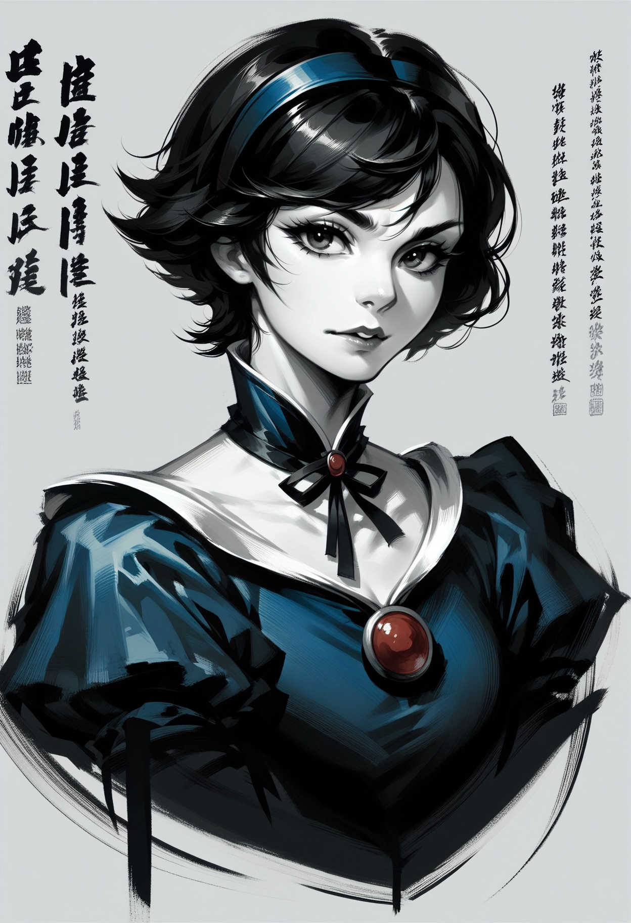 score_9, score_8_up, score_7_up, score_9, <lora:cllgrphy_pdxl_EliPot:1>,
monochrome, chinese text, 
1girl, solo,
snow white, pale skin, black hair, short hair,