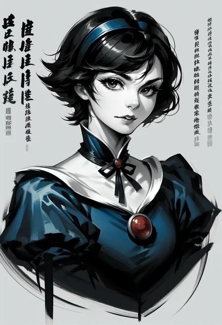 score_9, score_8_up, score_7_up, score_9, <lora:cllgrphy_pdxl_EliPot:1>,
monochrome, chinese text, 
1girl, solo,
snow white, pale skin, black hair, short hair,