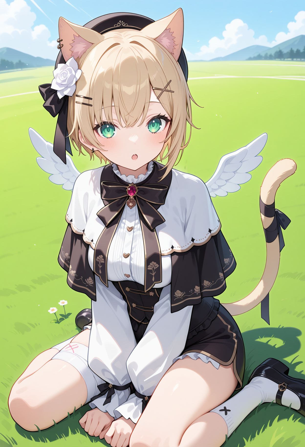 noah2, short hair, blonde hair, cat ears, beret, black headwear, hairclip, x hair ornament, hair flower, green eyes, wings, breasts, cat tail, tail ribbon, black bowtie, frills, capelet, white shirt, long sleeves, corset, black shorts, bandaged leg, <lora:kurumi_noah_ilxl_v1:0.9>, wariza, field, :o, black footwear, white socks, 
ultra-detailed, masterpiece, newest, best quality