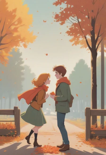 Simple minimalistic romance novel cover, playful and romantic scene with bright, cheerful colors, charming illustration of a couple in a cute humorous situation, light-hearted, warm, inviting, capturing the essence of a feel-good rustic autumn.