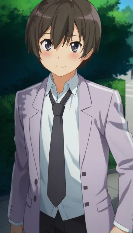 score_9,score_8_up,masterpiece,best quality,correct anatomy,anime_source,1boy,solo,perfect eyes,perfect arms,perfect legs,perfect face,outdoors,upper body,(portrait:1.5),looking at viewer,facing viewer,smile,blush,Yasaka Mahiro,short hair,black hair,hair between eyes,bangs,grey eyes,school uniform,grey jacket,Blazer,black necktie,white shirt,collared shirt,long sleeves,black pants,loafers,brown footwear,<lora:Yasaka Mahiro(hns)-Pony:1.6>,