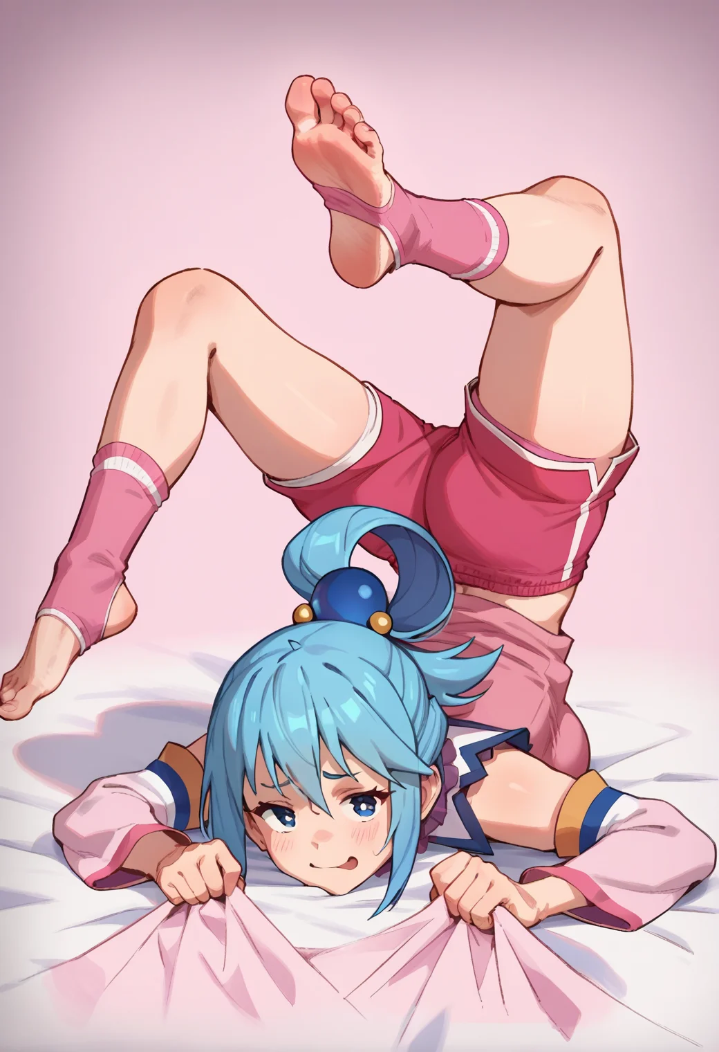 <lora:scorpion_pose_ponyxl_DoRA_v2:1>, scorpion pose, 1girl, solo, barefoot, feet, toes, top-down bottom-up, back, sheet grab, pink shorts, pink shirt, pink socks,
aqua \(konosuba\), blue hair, medium breasts,
score_9, score_8_up, score_7_up, score_6_up, anime, rating_safe