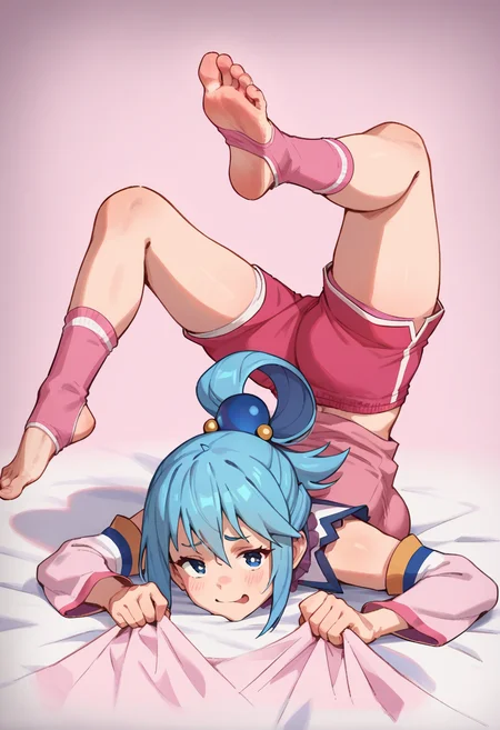 <lora:scorpion_pose_ponyxl_DoRA_v2:1>, scorpion pose, 1girl, solo, barefoot, feet, toes, top-down bottom-up, back, sheet grab, pink shorts, pink shirt, pink socks,
aqua \(konosuba\), blue hair, medium breasts,
score_9, score_8_up, score_7_up, score_6_up, anime, rating_safe