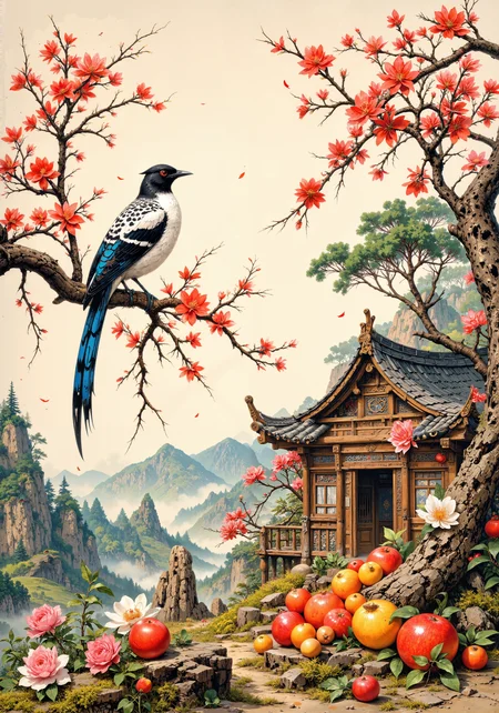 Traditional Korean minhwa folk painting featuring a playful scene with a spotted magpie perched on a blooming plum branch, symbolizing good fortune. The composition employs dancheong color palette with vibrant reds, blues, greens, and yellows against hanji paper texture background. Delicate ink-wash technique creates misty mountains in the distance, embodying the Korean aesthetic principle of yeobaek (empty space). A small hanok with curved tile roof nestles among pine trees, suggesting peaceful countryside living. The foreground displays symbolic objectsâpersimmons, pomegranates, and peaches representing abundance and immortalityâarranged in chaekgeori still-life style. Brushwork transitions between bold folk art outlines and subtle sumuk gradients, capturing both the whimsical spirit of minhwa and the refined sensibilities of court painting. Early morning sunlight casts golden hues across the scene, evoking the Korean concept of 'heung' (joyful enthusiasm). <lora:MysticFantasy:0.8> <lora:FluxFantasyDetailerV2:0.3> <lora:MoriiMee_Gothic_Niji_Style_FLUX:0.5> <lora:flux_dev:1>