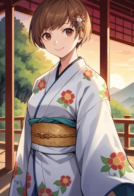 score_9, score_8_up, score_7_up, source_anime BREAK 1girl, solo,
<lora:zs_ChieXL:1> chiekimono, brown hair, short hair, brown eyes, hair ornament, white kimono, sash, floral print
cowboy shot, smile, closed mouth, japanese shrine, sunset,