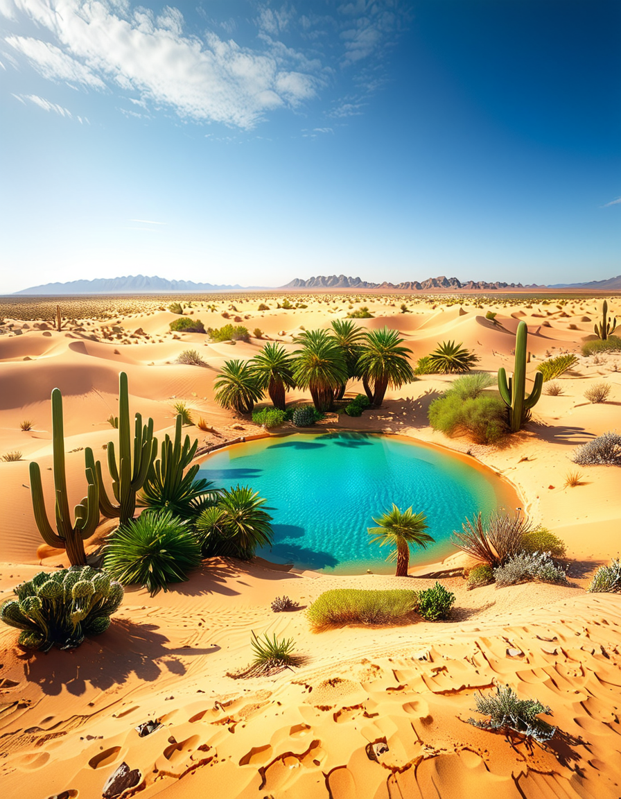 A serene oasis in the middle of an expansive golden desert, surrounded by rolling sand dunes under a vibrant blue sky. The oasis features a small, crystal-clear lagoon with calm, reflective water, bordered by lush green palm trees and colorful tropical plants. The scene is bathed in warm sunlight, with soft golden light illuminating the sand and creating subtle shadows among the dunes. In the background, faint silhouettes of distant mountains blend into the horizon. A few wisps of white clouds drift lazily in the sky, adding depth and texture to the composition. The overall atmosphere is peaceful and tranquil, evoking a sense of calm and wonder in the harsh desert landscape.<lora:SDXLFaeTastic2400:0.4> <lora:extremely_detailed:0.4> extremely detailed, <lora:O4s1s:1>,O4s1s, Masterpiece,best quality,hi res,8k,hi res,8k,award winning,(sharp focus, intricate, highly detailed),