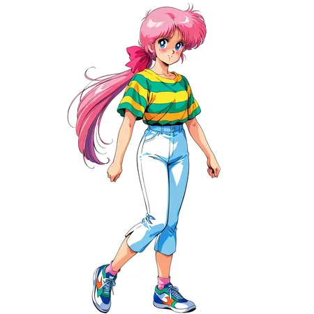 [generated by waiNSFW_v120:100]
anime coloring,  4K, BREAK
<lora:elaine-IL_v1:0.6>elaine, 1girl, bangs, solo, 1980s(style), retro art style,
purple pink hair, low ponytail, very long hair, pink hair ribbon, BREAK
blue eyes,  BREAK
striped shirts,  white capri pants,
shoes,
blush
standing,
no background, white background,
beautiful face, best quality,