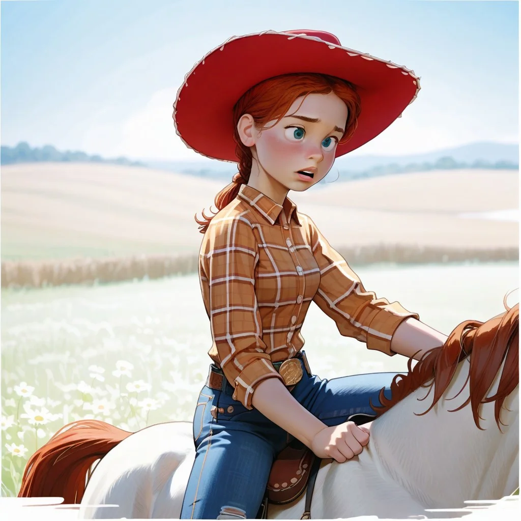 score_9, score_8, score_7, score_6, Jes_sie, 1girl, horse, red hair, hat, plaid shirt, jeans, cowboy boots, riding horse, source_comic, 2d,