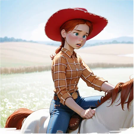 score_9, score_8, score_7, score_6, Jes_sie, 1girl, horse, red hair, hat, plaid shirt, jeans, cowboy boots, riding horse, source_comic, 2d,