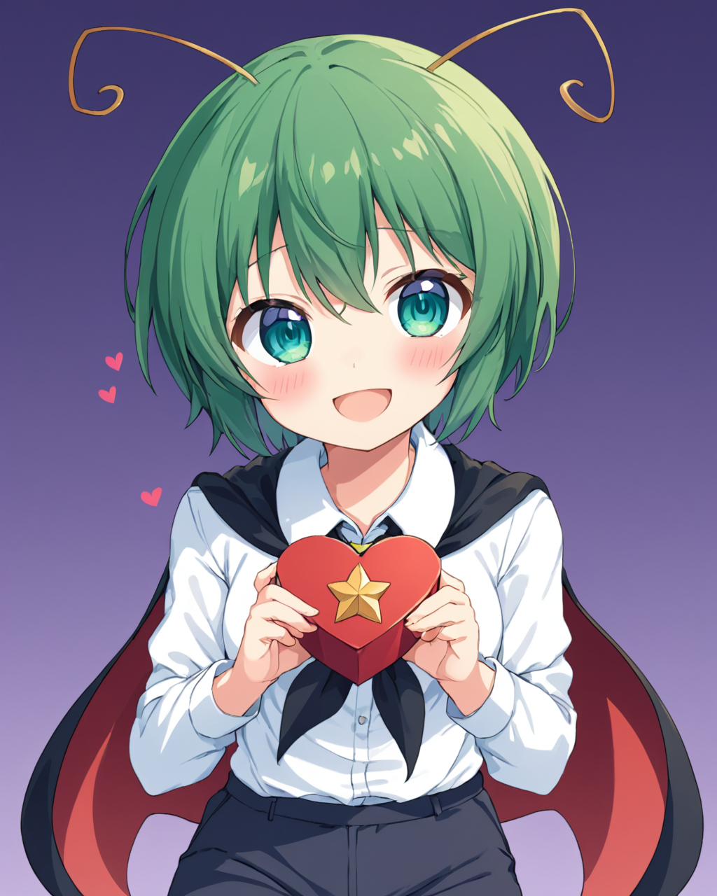 wriggle nightbug,1girl, solo, antennae, blush, looking_at_viewer, heart-shaped_box, white_shirt, black_cape, valentine, open_mouth, long_sleeves, smile, cowboy_shot, collared_shirt, two-sided_fabric, heart, holding, simple_background, black_shorts, star_\(symbol\), pants, gift, flying_sweatdrops, thigh_gap
<lora:wriggle_nightbug_image3698_2023-12-11-000006:1>,star-shaped_pupils,symbol-shaped_pupils,. gorgeous,key visual, vibrant, studio anime,award-winning, professional, highly detailed,high budget, cinemascope