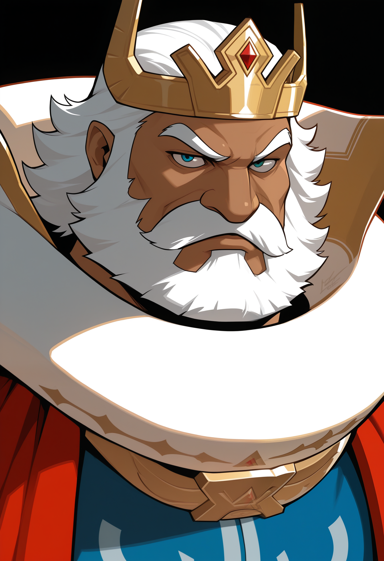 masterpiece,best quality,amazing quality, 1boy, solo, d4phn3s, human, blue shirt, collar, crown, red robe, close up, dark_skin, mustache, confident,