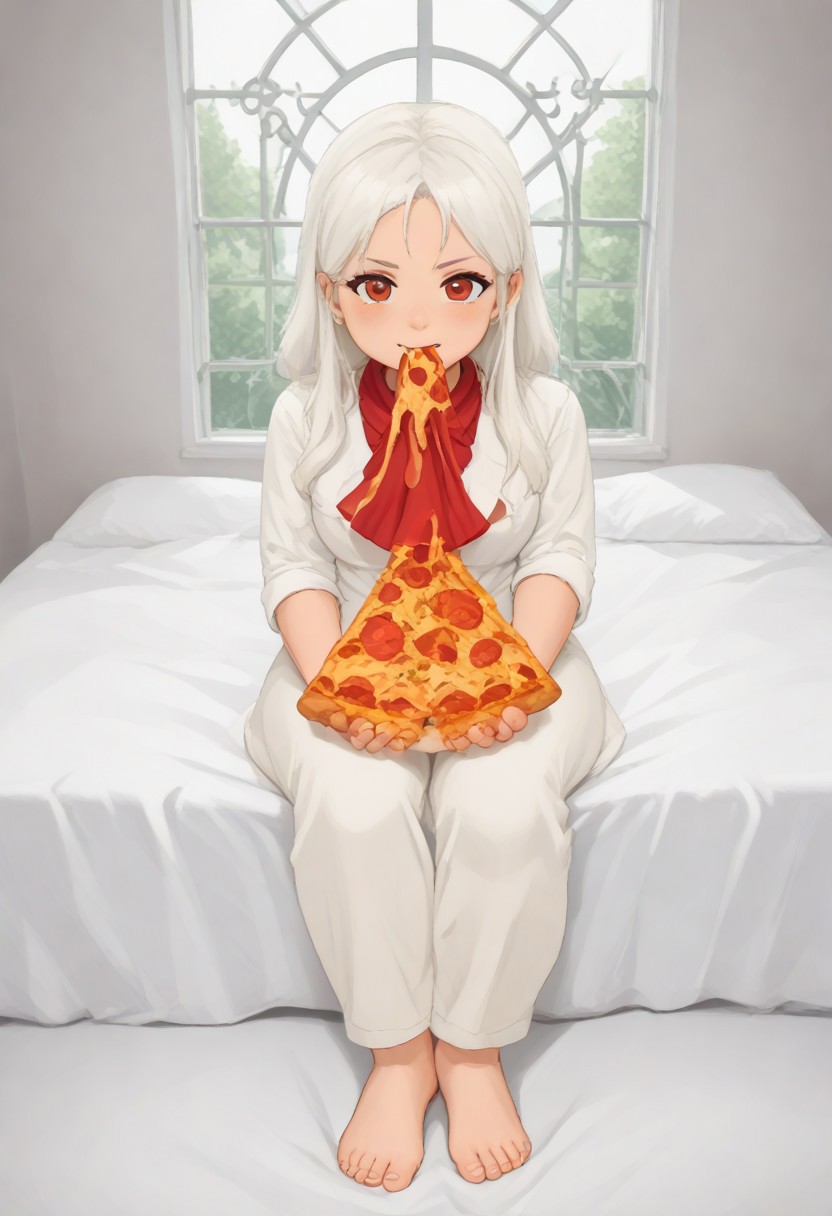A single girl white hair, red hair, red ascot, white shirt, green pants ((eating pizza)) pizzasdx, looking at viewer (pizza melting:1.5) medieval bedroom background, masterpiece, full body sitting on bed, white bed, bed, white sheets, window, good light, perfect hands, good hands (hands on pizza)