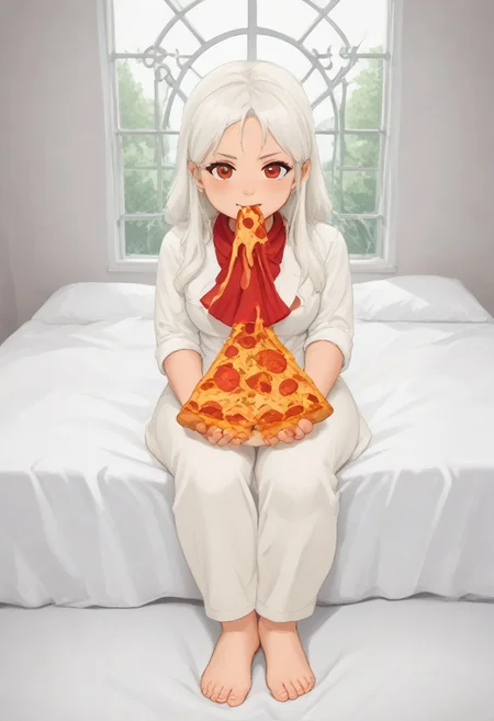 A single girl white hair, red hair, red ascot, white shirt, green pants ((eating pizza)) pizzasdx, looking at viewer (pizza melting:1.5) medieval bedroom background, masterpiece, full body sitting on bed, white bed, bed, white sheets, window, good light, perfect hands, good hands (hands on pizza)