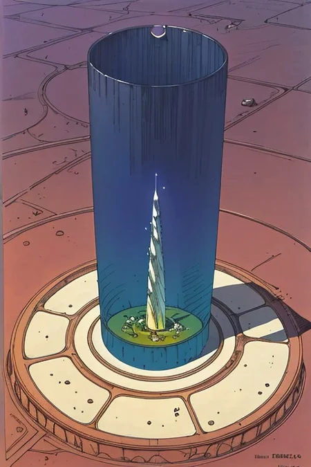 a cylinder tower on a desert,, medieval fantasy, moebius style, fantasy, desert, artwork