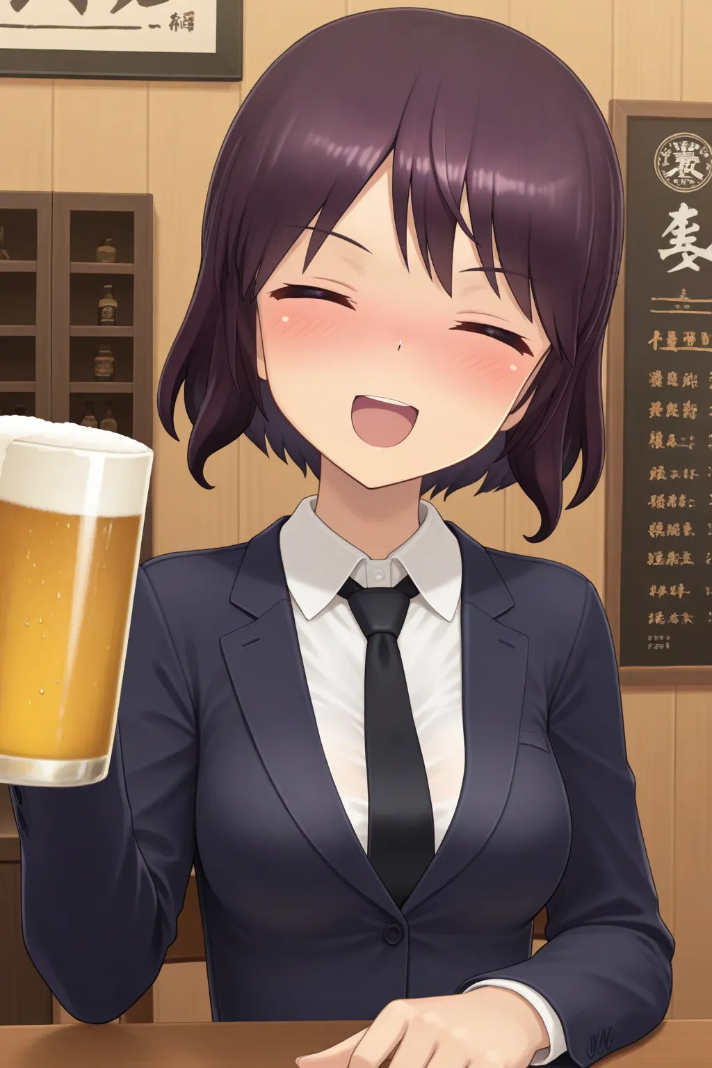 masterpiece, best quality, alicegear_serina_ilxl <lora:alicegear_serina_ilxl:0.85>1girl, solo, smile, looking at viewer, shiny skin, Izakaya, indoor, blush, open mouth, business suit, sitting, beer, black tie, closed eyes, screaming, Being drunk, holding beer