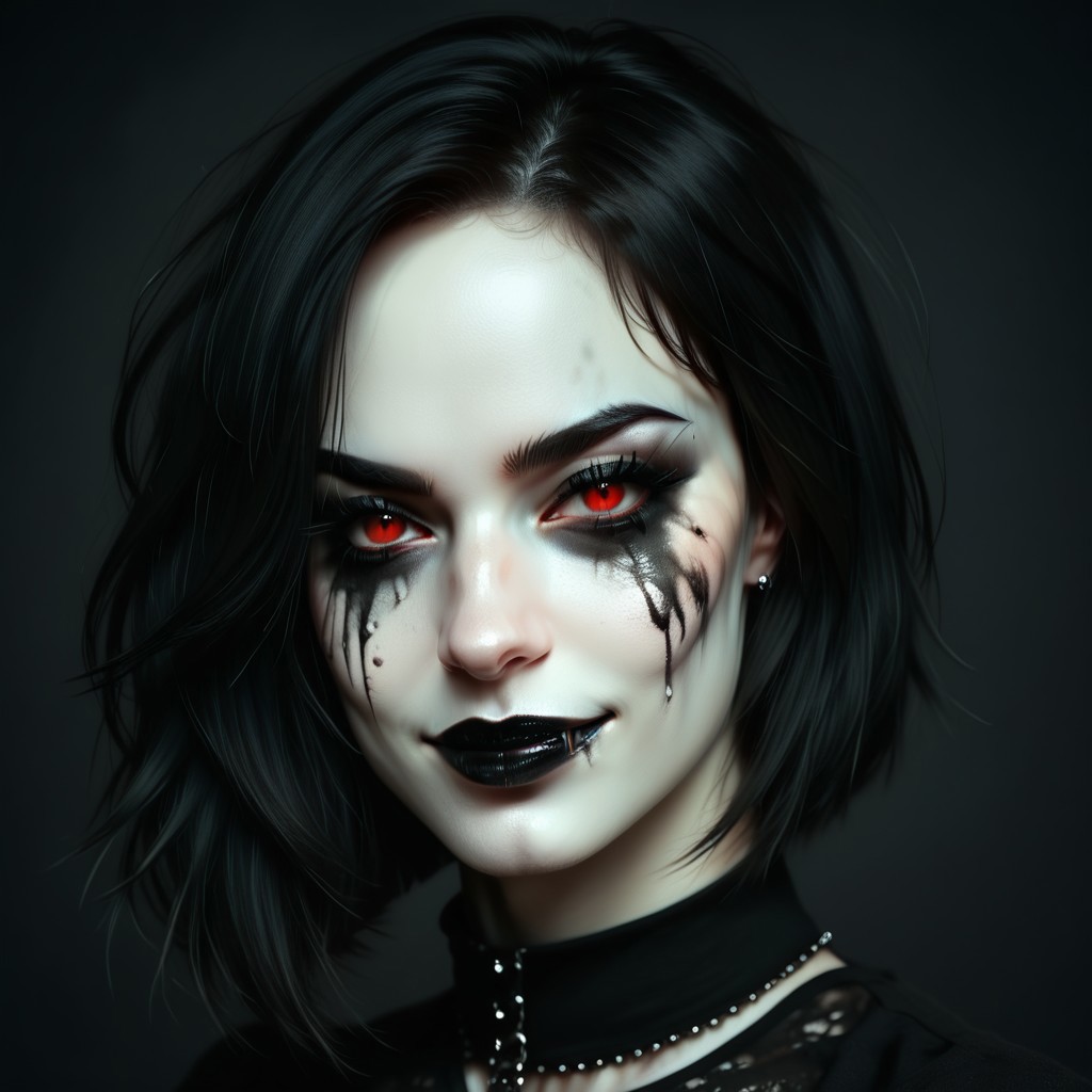 portrait of girl, white and black hair, bob haircut, black background, gothic makeup, ruined makeup, smudged makeup, with fangs visible, dark makeup, long eyelashes, high contrast, vibrant color palette, red eyes, black clothes, detailed face, sharp details, realistic digital painting, pale skin, dirty, smirking