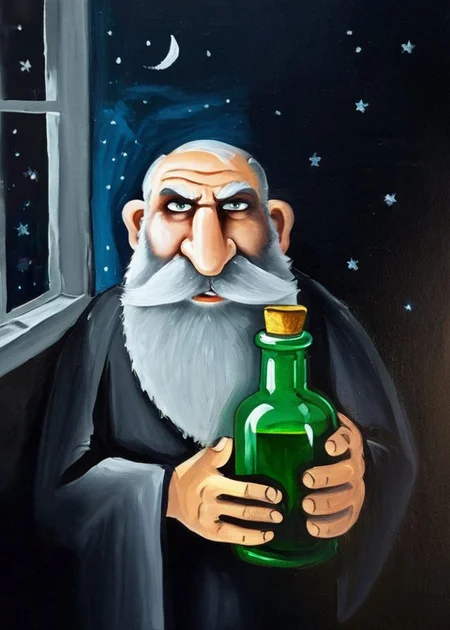 half body portrait russian harsh old beard man with glowing magic bottle  in the dark room with window witj night moon  oil painting art   <lora:LojkinXL:0.7>  <lora:add-detail-xl:0.6>