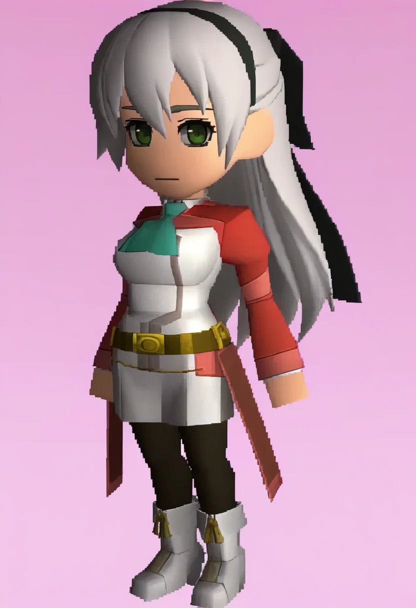 masterpiece, best quality, solo, 1girl, looking at viewer, <lora:FF7-Chibi-illus_Fp:1>, full body, simple background, 3d, <lora:elie-illu-nvwls-v1:1>, zrelie, grey hair, long hair, half updo, green eyes, black hairband, hair ribbon, white and red uniform, white dress, aqua ascot, brown belt, black pantyhose, white boots, chibi,