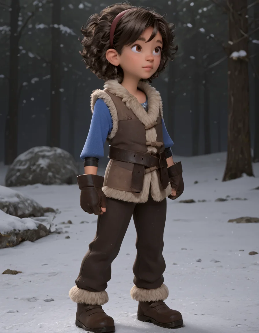 (full body photo:1.8), legs, BREAK score_9, score_8_up, score_7_up, score_6_up, score_5_up, score_4_up, BREAK (curly hair, brown pants, solo, dark-skinned female, dark skin, hair band, hairband, boots, fur vest, brown eyes, blue shirt, gloves, looking to the side, afro, short hair:1.4),
 <lora:Ava_-_HearthStone__LoRA:1>,
(outdoors, winter forest, snow:1.4), shy smile,, BREAK intricate details, high quality, high detailed, high resolution, hq, 4k, 8k, (ultra HD quality details), <lora:detailed_notrigger:0.1>,, <lora:StS_age_slider_v1_initial_release:-1.4> <lora:Leg Length Slider_alpha1.0_rank4_noxattn_last:-0.1>