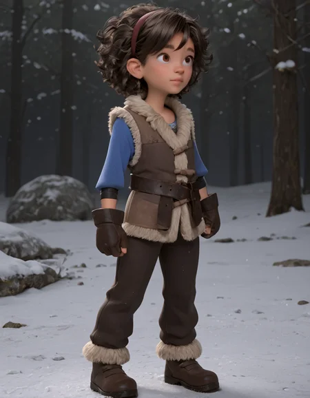 (full body photo:1.8), legs, BREAK score_9, score_8_up, score_7_up, score_6_up, score_5_up, score_4_up, BREAK (curly hair, brown pants, solo, dark-skinned female, dark skin, hair band, hairband, boots, fur vest, brown eyes, blue shirt, gloves, looking to the side, afro, short hair:1.4),
 <lora:Ava_-_HearthStone__LoRA:1>,
(outdoors, winter forest, snow:1.4), shy smile,, BREAK intricate details, high quality, high detailed, high resolution, hq, 4k, 8k, (ultra HD quality details), <lora:detailed_notrigger:0.1>,, <lora:StS_age_slider_v1_initial_release:-1.4> <lora:Leg Length Slider_alpha1.0_rank4_noxattn_last:-0.1>