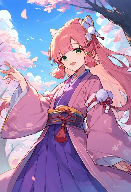 score_9,score_8_up,score_7_up,source_anime,zPDXL3,
*//*,<lora:KannaSakuno_Pony:1>,sakuno_hime,1girl,solo,pink hair,long hair,blunt bangs,green eyes,hair bow,japanese clothes,purple kimono,pink kimono,wide sleeves,pom pom (clothes),open mouth,:d,long sleeves,hair ornament,bow,outdoors,petals,cherry blossoms,day,blue sky,sky,hand up,light smile,
*//*,looking at viewer,cowboy shot,dutch angle,dynamic pose,