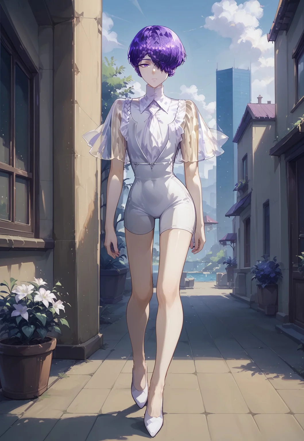 score_9, score_8_up, score_7_up,outdoors, amethystxl12, androgynous, purple hair, short hair,braid,hair over one eye, purple eyes, see-through sleeves, white bodysuit, white heels,