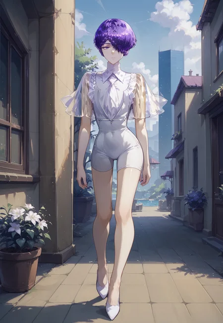 score_9, score_8_up, score_7_up,outdoors,  amethystxl12, androgynous, purple hair, short hair,braid,hair over one eye, purple eyes, see-through sleeves, white bodysuit, white heels,