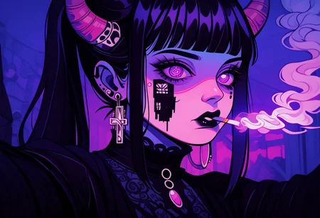 score_9, score_8_up, score_7_up, score_6_up,1girl
hinata hyuga, black hair, long hair, fringe cut, ponytail hairstyle, purple eyes, soni horn, link horns,
pastel paint, vamp style, taking a selfie, detailed, near to the sea, up a bridge, goth clothes, goth dress, cross earrings, fangs, jewel eyes,cold tones,
goth core, vamp goth, goth style, black dress, lollita dress, smoking a cigarette, cigarette in mouth, melting, vapor, smoke, glitch, horror (theme), glowing, zPDXL2, smoke from eyes, red smoke, horror in the smoke, evil faces, horror,
standing, detailed eyes, beautyfull face,
outdoor,