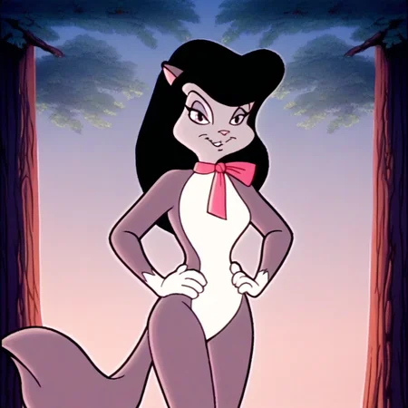score_9, solo, roxie_h, 1girl, furry female, long hair, black hair, cat ears, animal nose, tail, neck ribbon, hands on hips, looking at viewer, tree, natural lighting