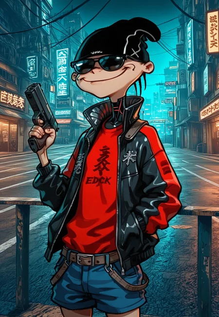 masterpiece, absurdres, highest quality, highly detailed, source_cartoon, IllusP0s, cyberpunk, solo, eddboi smug, sockhead, belt, smooth black beanie, red shirt, blue shorts, sunglasses, black cyberpunk jacket, pistol, holding a pistol, cyberpunk city background, detailed background, night,