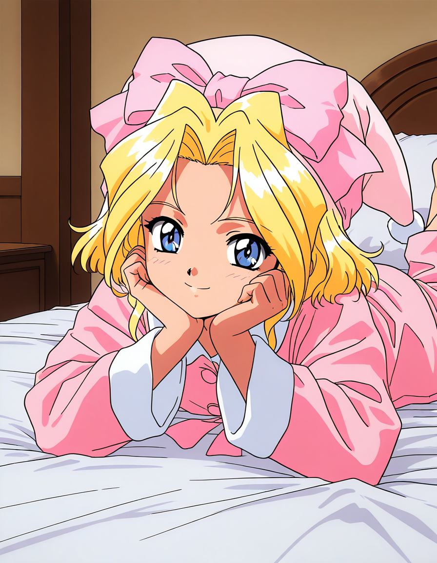 masterpiece, best quality, good quality, <lora:Iris_Chateaubriand_IS:1>  IrisChateaubriand, blonde hair, pink bow, blue eyes, hair bow, short hair, smile, pink pajamas, hat, bed room, 1990s (style)
Show less