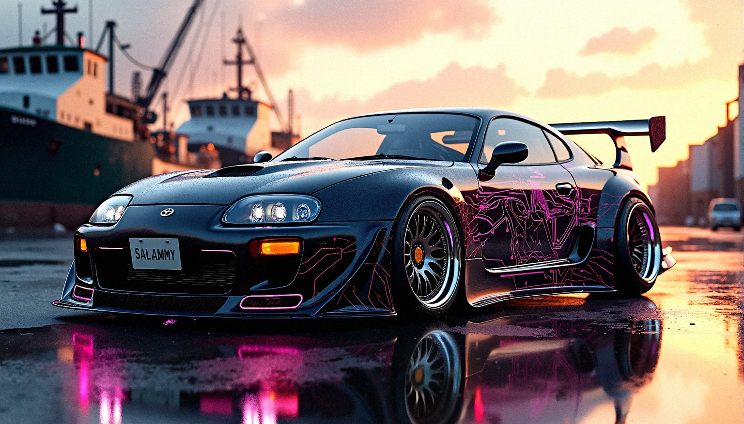 Side Profile Shot
A shot taken directly from the side, showcasing the length and lines of the Supra, highlighting the wide body kit and side skirts.
A detailed, photorealistic image of a 1993 Toyota Supra, Car plate is "SALAMMY" with a wide body kit, extreme front hood design, and glowing circuitry body paint. The glowing alloy rims and sporty glowing spoiler add to its futuristic look. The car is set against a Futuristic dockside area with boats, cranes, and industrial machinery, with the setting sun reflecting off the polished bodywork.
Car modifications include Integrated LED side markers in the wide body fenders, Carbon fiber door handles with a streamlined design
Fiber optic lighting integrated into the car's seams, creating a glowing outline effect, Mirror-like reflective paint that creates dazzling reflections of surrounding lights and objects