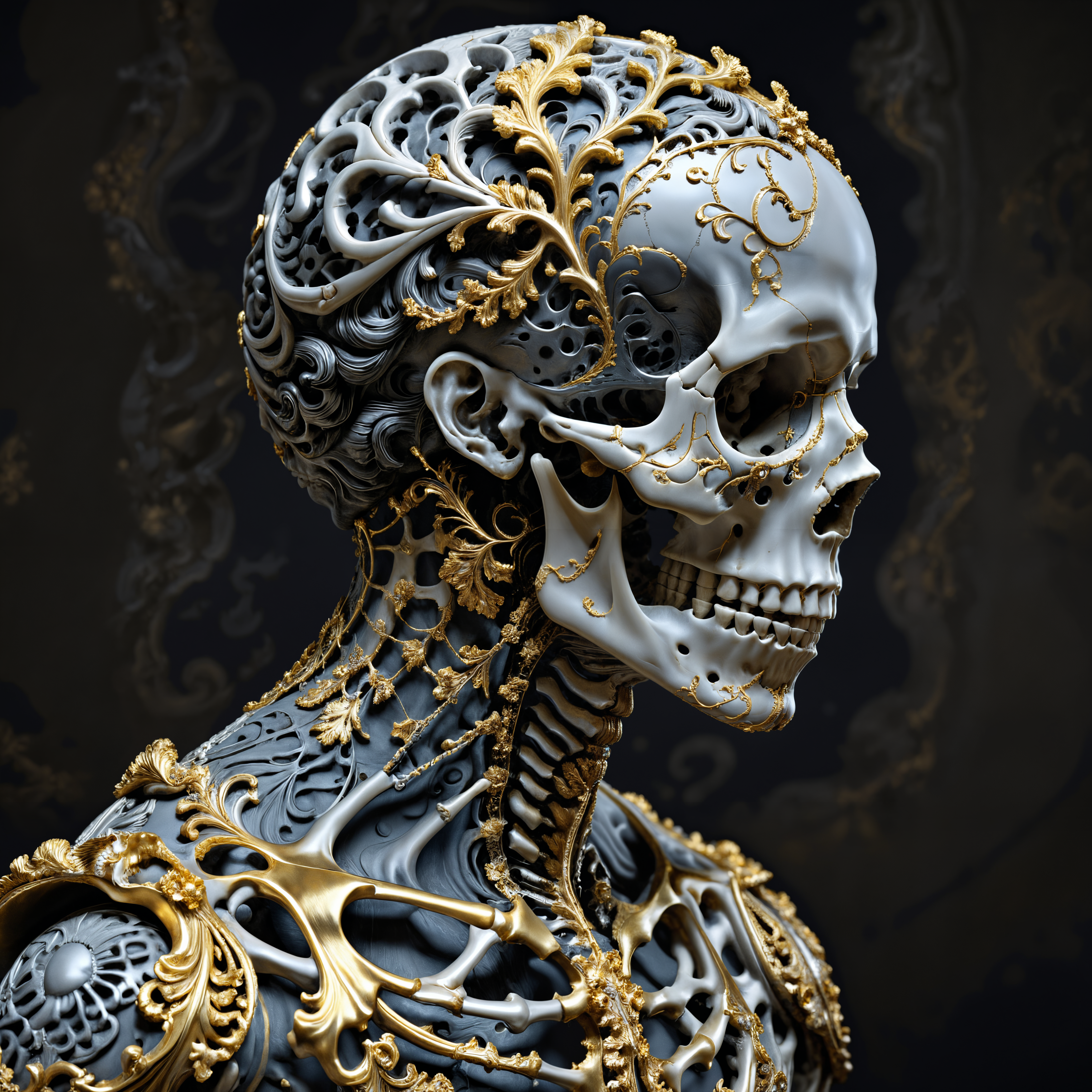 ultra detailed, hyper realistic, close-up, side portrait,  male, Baroque-inspired digital sculpture with an intricately detailed skeletal figure, adorned with swirling gold and silver filigree patterns, creating a sense of luxurious complexity; the dark background provides a stark contrast, highlighting the ornate textures and menacing elegance of the figure, baroque background