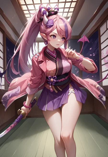 score_9, score_8_up, score_7_up, source_anime, 1girl, indoors, <lora:Ironmouse_XLPD:1>, IronmouseYokaiHunter, purple eyes, demon horns, demon girl, demon tail, demon wings, pointy ears, ponytail, long hair, earrings, bangs, hair ornament, ear piercing, heart ahoge, jewelry, japanese clothes, pink jacket, kimono, purple skirt, spiked collar, bracelet, single thighhigh <lora:UBW_XLPD:1>, KatanaOneHand, holding weapon, fighting stance, sword,