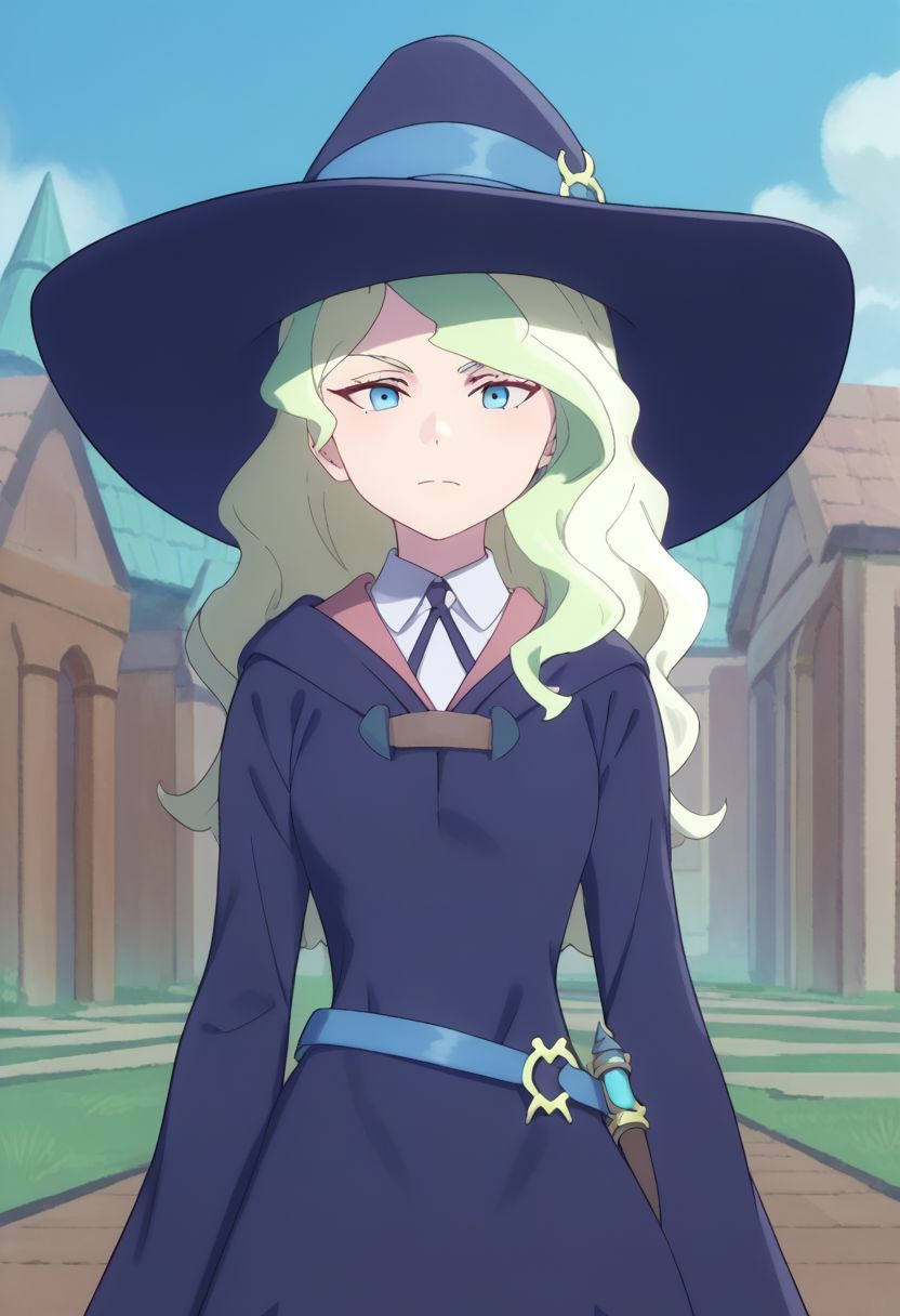 score_9, score_8_up, score_7_up, source_anime, highly detailed, 
diana, 1girl, solo, hat, blue eyes, long hair, witch hat, light green hair, witch, dress, looking at viewer, luna nova school uniform, standing, school uniform, blonde hair, multicolored hair, upper body
outdoor,