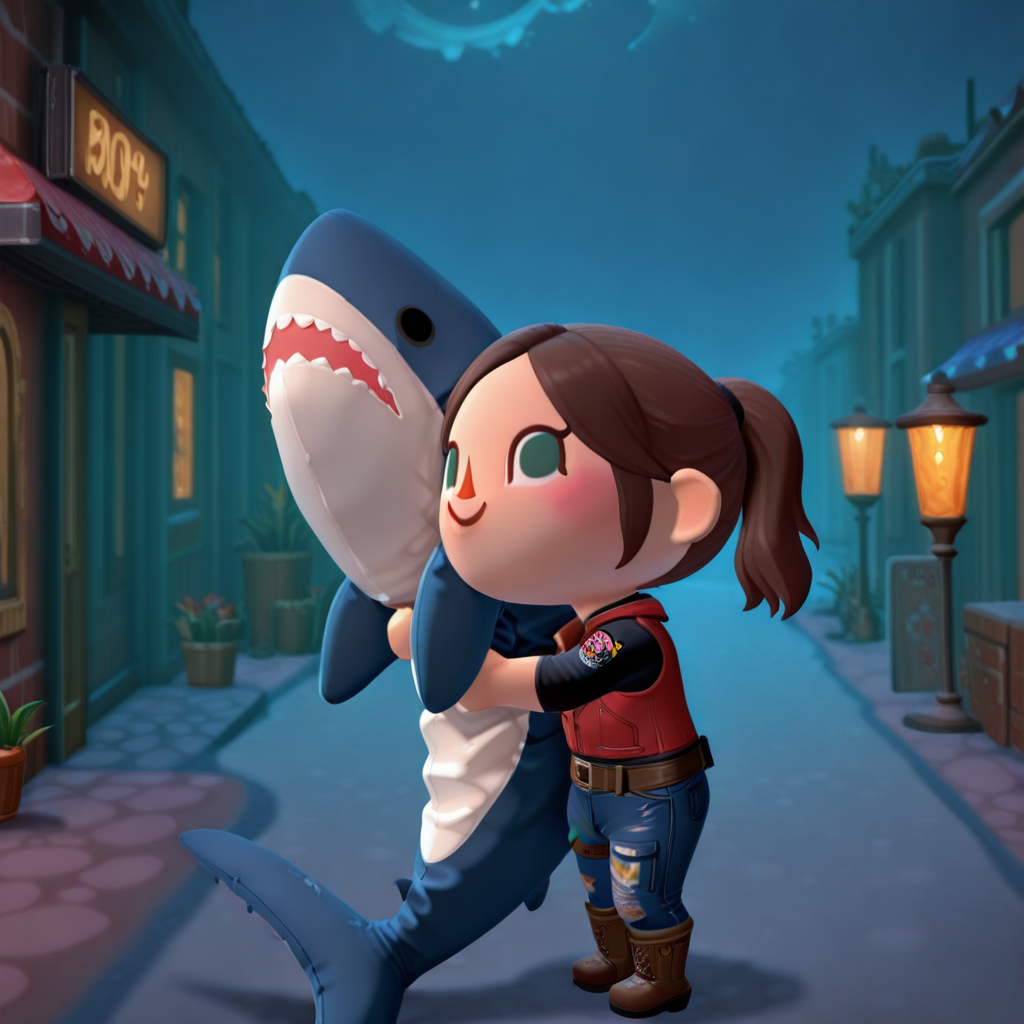 embedding:IllusP0s, animal crossing style, 3d, blahaj_\(stuffed shark\), 1girl, hugging, claire redfield_\(resident evil\), outdoors, night, solo,<lora:blahaj_ill_v2.safetensors:1.0:1.0> <lora:animal crossing style_3d_ill.safetensors:1:1>
